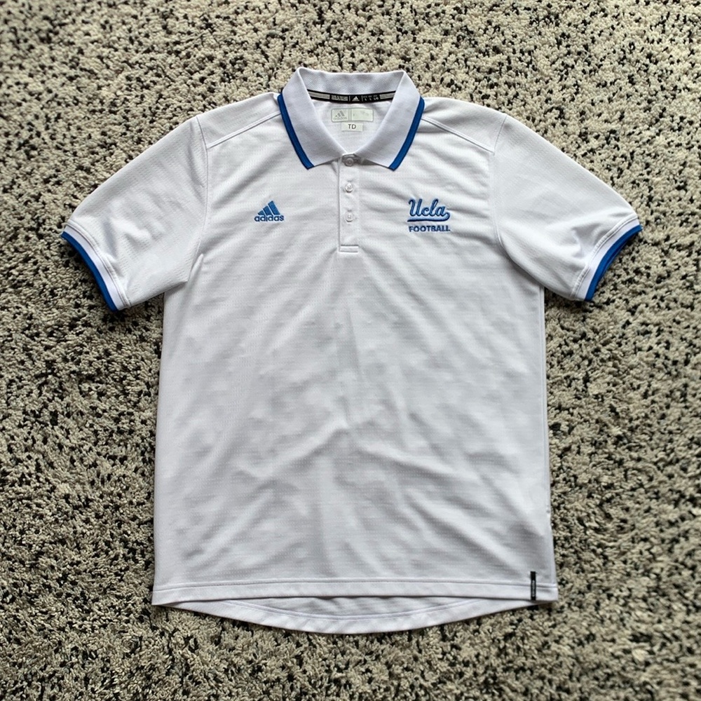 Adidas UCLA Football Polo Shirt Men's White Blue Logo Short Sleeve Large